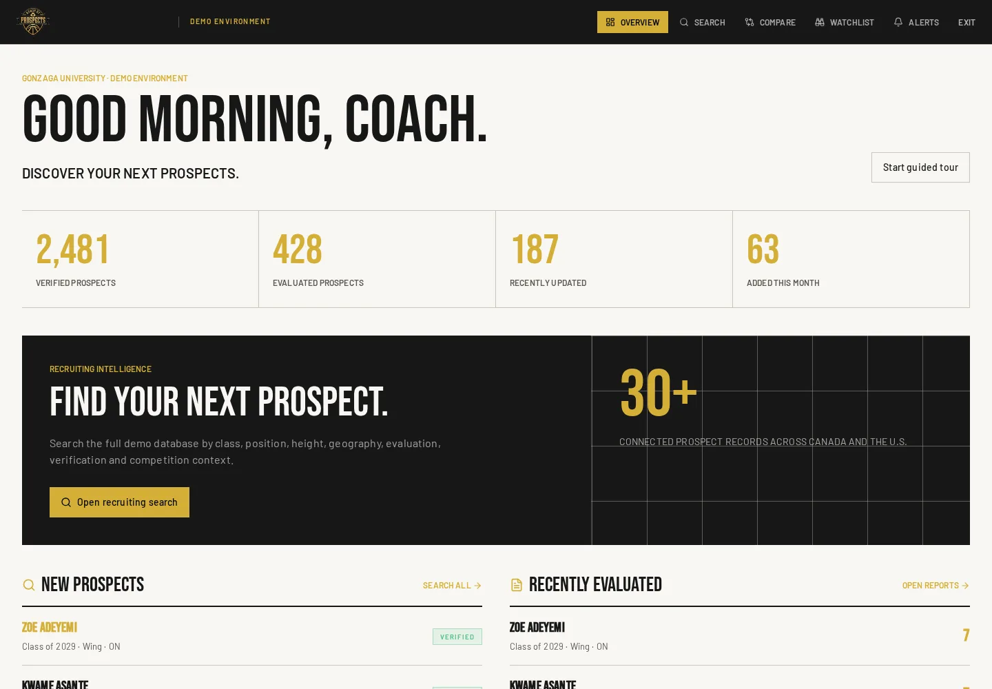 House of Prospects coach command dashboard showing recruiting totals and prospect discovery tools